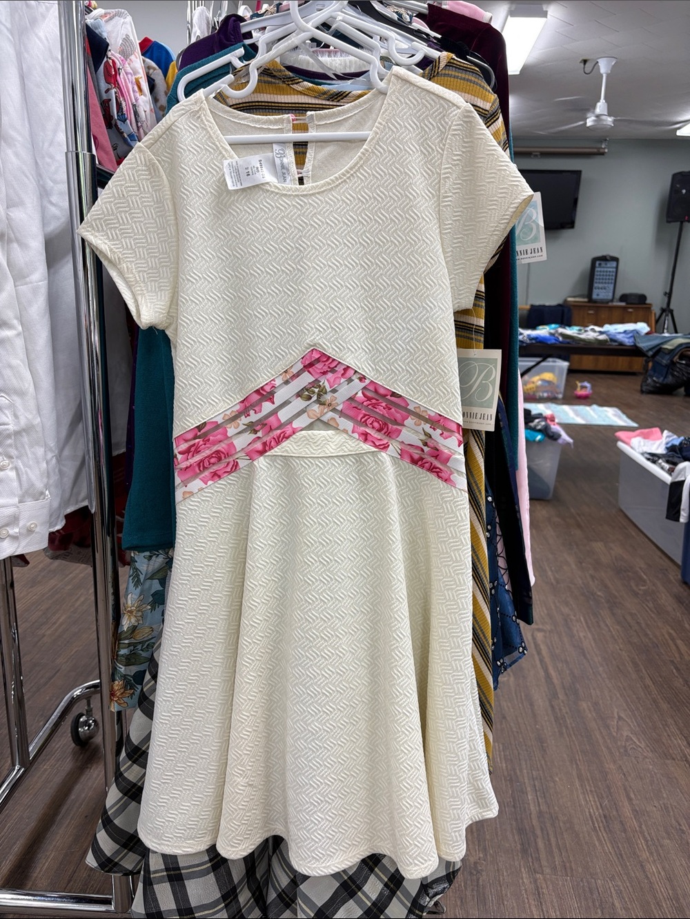 Bonnie Jean Cream Knit Dress with Pink Floral Chevron
